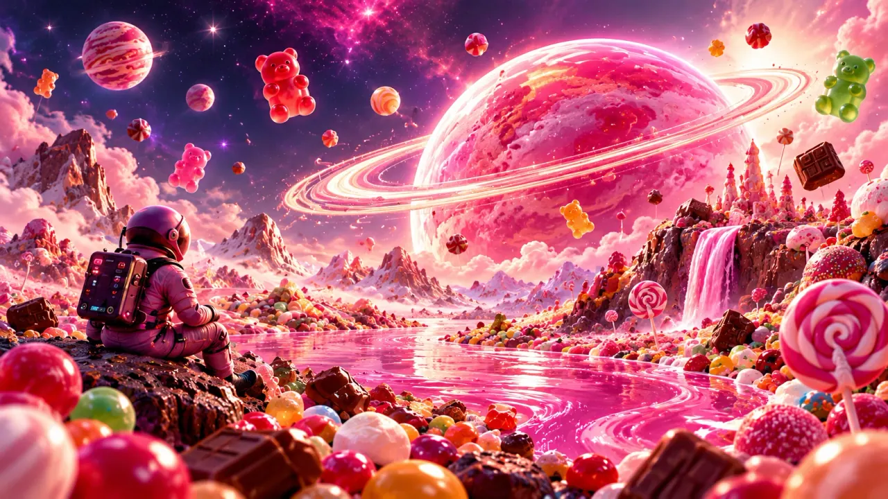 En astronaut vid en rosa godisflod under en ringad godisplanet